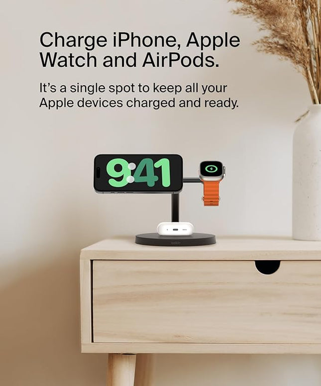 Belkin MagSafe-Compatible Charger, 3-in-1 Wireless Charging Station, Qi2-Certified 15W Wireless Charge for Apple iPhone 17 Series, Apple Watch, AirPods w/Non-Slip Base, 40W Included - Black
