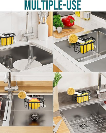 TAILI Sponge Holder with Strong Suction Cup, Dish Sponge Caddy Inside Sink Removable, Rustproof Aluminum for Sponges, Brushes, Stoppers and Scrapers - Black