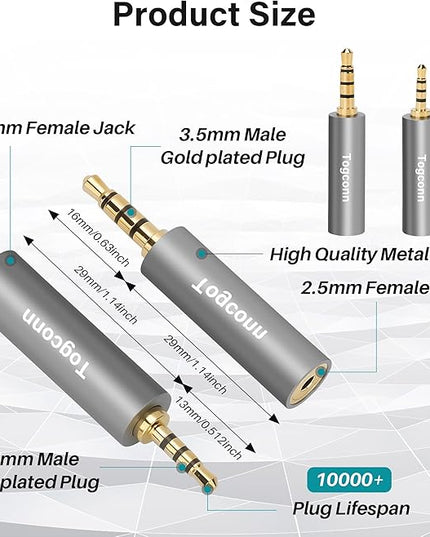 2.5mm to 3.5mm TRRS Adapter 4 Pack,2.5mm Male to 3.5mm Female/3.5 mm Male to 2.5 mm Female Audio Jack Converter Connector Stereo/Mono Auxiliary Plug for phones, Headphone, Tablets Support Mic Function