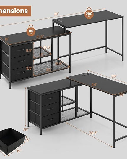 Tangkula 81 Inch L-Shaped Desk with Power Outlet, Convertible Corner Desk with Drawers & Shelves, Office Desk for Working, Studying, Gaming (Black)
