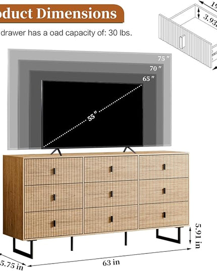 Chrangmay Modern Chest of Drawers with 9 Drawers,Deep Drawers,Clothes Organizer,Large Storage Cabinet for Living Room, Bedroom,Hallway,with Anti-Tipping Device, Oak
