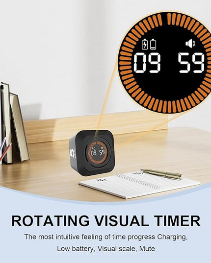 Rotating Cube Pomodoro Timer 5, 25, 10, 50 Min Preset + Custom Countdown, Desk Productivity Flip Visual Timer w/Silicone Case, Silent Mode, Ideal for ADHD Tool Study Work School (Black)