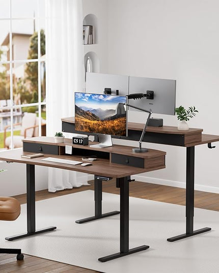 HUANUO 55" x 26" Electric Standing Desk with 2 Drawers, C-Clamp Mount Compatible, Height Adjustable Computer Desk, Home Office Stand Up Desk with 4 Preset Heights & 2 Hooks, Walnut