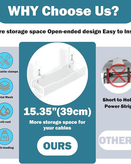 Under Desk Cable Management Tray, No Drill Mesh Desk Cable Tray, Wire Management Tray Cable Management Rack, Wire Organizer and Cable Management Box (White)