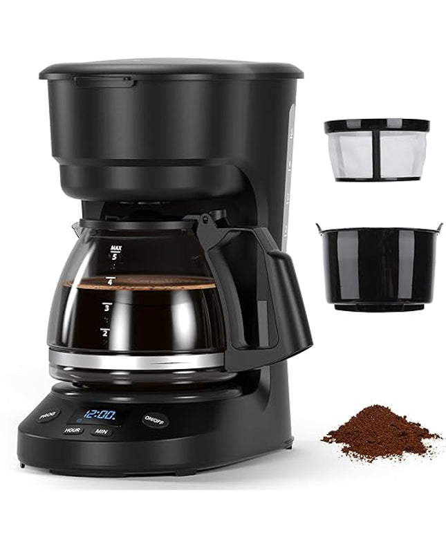 5-Cup Programmable Drip Coffee Maker, a compact coffee machine with a digital clock and 24-hour programmable timer, featuring Auto Shut-Off, and a Removable Filter Basket for Home & Office.