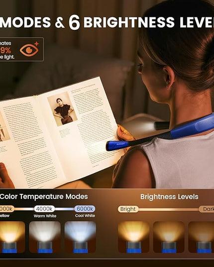 Glocusent Book Light, 3-Color & 6-Brightness Reading Light, Bendable Neck Light, 80-hr Lasting Rechargeable Book Light, Perfect Reading Lights for Books in Bed, Knitting, Repairing, Book Lovers Gifts