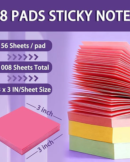 (18 Pads) Sticky Notes 3x3 inch, Self-Stick Note Pads, 18 Colorful Sticky Note for School Supplies or Office Supplies