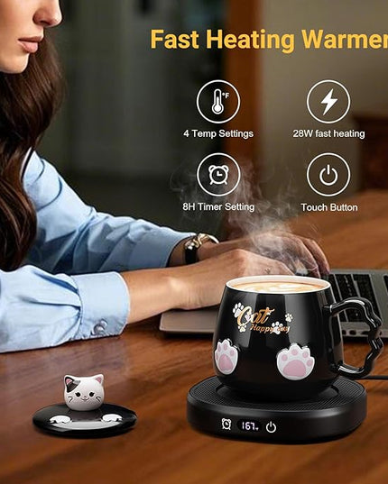 Coffee Mug Warmer & Cute Cat Mug Set, Beverage Cup Warmer for Desk Home Office with 4 Temperature Setting Up to 167℉/ 75℃, Coffee Warmer for Cocoa Milk Tea Water Candle, 8 Hours Auto Shut Off (Black)