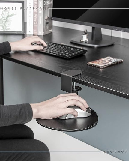 EHO Clamp-On Under Desk Mouse Tray, 360° Swivel Ergonomic Platform with Cable Organizer, Smooth Glide Surface for Gaming or Office, Fits Desks 0.5"-1.5" Thick, Tool-Free Install, TAA-Compliant