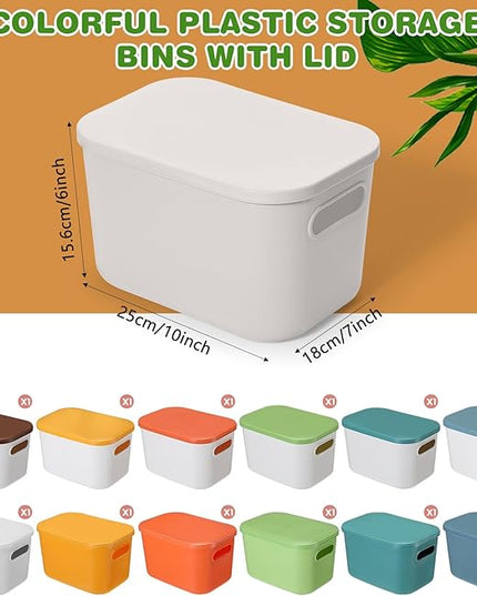 Thyle 12 Pack 7 Quarts Plastic Storage Bins for Christmas Storage with Lids Handles Colorful Stackable Desktop Box Bins with Label for Shelf Drawer,10 x 7 x 6 Inch (Stylish Color)