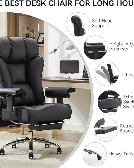 Efomao Ergonomic Office Chair 450LBS with Foot Rest, High Back PU Leather Executive Office Chair with Adjustable Armrests, Lumbar Support for Home or Work, Computer Chair, Black