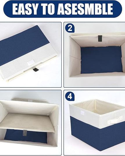 Large 22 Quart Linen Fabric Foldable Storage Bin Cube Organizer Basket with Flip-Top Lid & Handles, Clothes Blanket Box for Home, Office, Closet, Navy Blue & White, 4 Pack 14.6 x 9.5 x 9.5