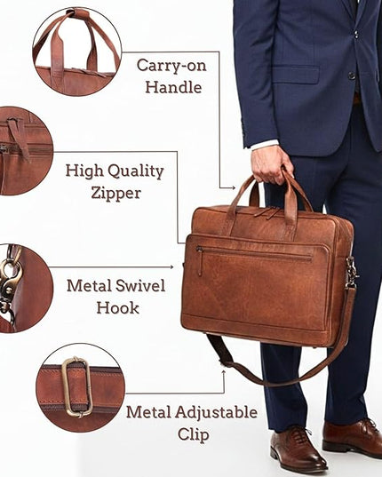 17-inch Genuine Leather Laptop Briefcase for Men and Women – Brown Leather Messenger Bag for Professional Work, Office, College & Travel Computer Laptop Bag