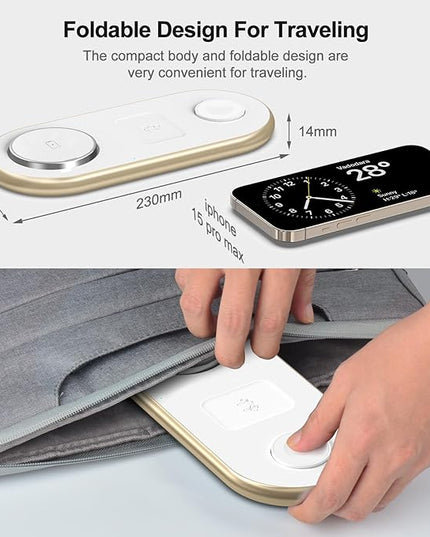 Magnetic Charging Station, 3 in 1 Faster Mag-Safe Wireless Charger Stand, Wireless Charging Pad for Apple Devices, iPhone 17/16/15/14/13/12 Series, iWatch Series, AirPods (Golden)