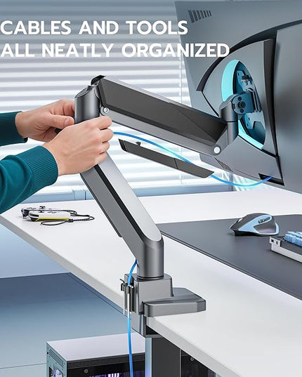 ARES WING Single Monitor Arm, Heavy Duty Adjustable Monitor Arm for 13"-49" Screens with USB, Gas Spring Desk Mount Stand with C Clamp/Grommet Mounting Base up to 40lbs Computer, Gray