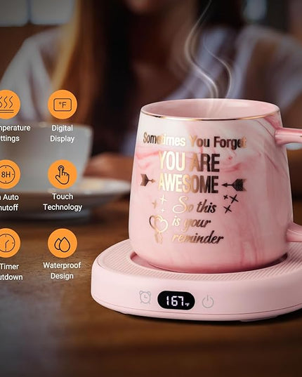 Coffee Mug Warmer & You are Awesome Mug Set, Electric Cup Warmer for Desk, Beverage Warmer with 4 Temperature Setting, 8-Hours Auto Shut Off