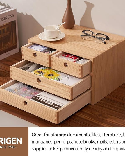 Kirigen Natural Wood Desktop Organizers with Drawers - Home Workspace Office Supplies Wooden Storage Box Shelf Case - Hold Makeup Box (NA, 3-Layer &4 Drawers)
