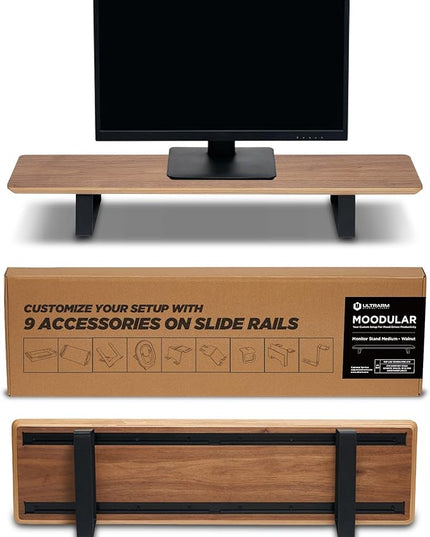 Moodular Wooden Monitor Stand 33.4” (85cm) Desk Organizer with Metal Slide Rails for Drawer, Tray, Laptop, Tablet, Phone & Headphones Customizable Riser for Organized Workspace Walnut MS85-W