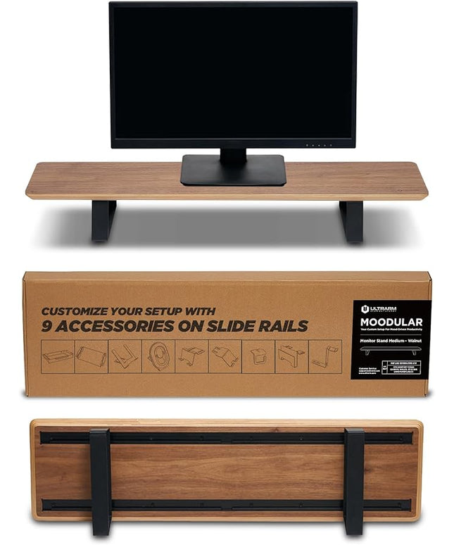 Moodular Wooden Monitor Stand 33.4” (85cm) Desk Organizer with Metal Slide Rails for Drawer, Tray, Laptop, Tablet, Phone & Headphones Customizable Riser for Organized Workspace Walnut MS85-W