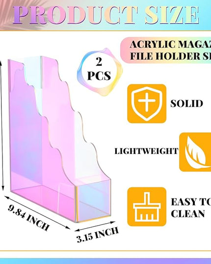 2 Pcs Iridescent Acrylic Magazine File Holders, Water Ripples Vertical File Organizer, Colorful Acrylic Folder Organizers for Desk Office Classroom Home Decor Document Storage Organizer