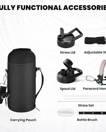 Insulated Water Bottle 32 oz, Triple Wall Vacuum Stainless Steel (Cold for 48 Hrs), Leak Proof & Non-BPA, Modern Water Flask Jug with Paracord Handle & Straw Spout Lids, Hydrangea