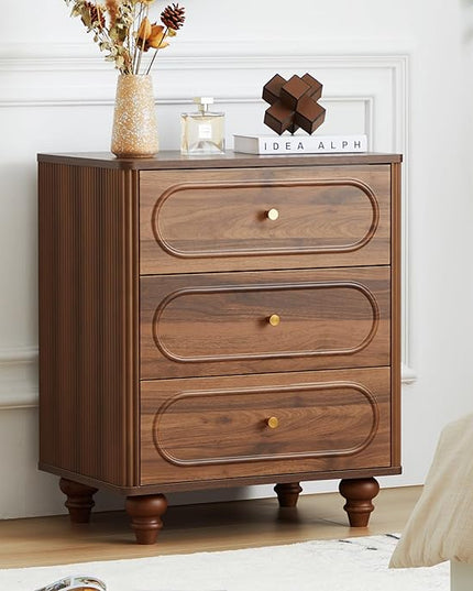 3 Drawer Fluted Dresser for Bedroom, Mid Century Modern Chest of Drawers, Wood Storage Small Dresser Organizer for Bedroom Living Room Hallway Closet, Walnut