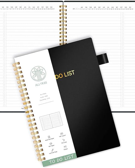 ALLTREE To Do List Notepad Spiral Planner, Daily Task Tracker with Wide Lined Notebooks, Work Planner with Pocket, Pen Loop, 160 Pages, Black (5.5"x8.5")