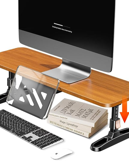 Wooden Monitor Stand Riser for Desk,Adjustable Height Monitor Shelf Riser with Phone Holder,Desk Storage Organizer Accessories,Wood Computer Screen Stands for Office,Home,Laptop,Printer,TV