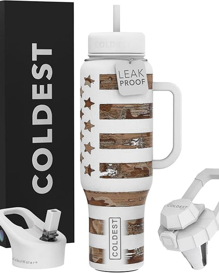 Coldest Tumbler with Handle and Straw - 100% Leak Proof Insulated Tumbler with Lid and Straw (3 Lids) - Stainless Steel Tumblers for Women & Men - Cup Holder Friendly Base, 46 oz (The Patriot)