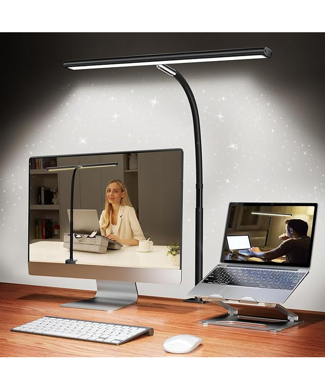 LED Desk Lamp for Office Home, Eye-Caring Desk Light with Stepless Dimming Adjustable Flexible Gooseneck, 10W USB Adapter Desk Lamp with Clamp for Reading, Study, Workbench (Black)