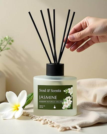 Soul & Scents Reed Diffuser Set – Jasmine | 7.43 oz Refillable Scented Oil with 6 Fiber Sticks | Long-Lasting Home Fragrance & Air Freshener for Bedroom, Bathroom, Office | Gift & Décor Piece