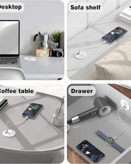 Desk Grommet Power Outlet, 2.5 inch Desktop Recessed Outlet with 20W Fast Charging USB-C Port, Flush Mount Outlet for Conference Rooms, Office Tables, Furniture (White, 10FT)