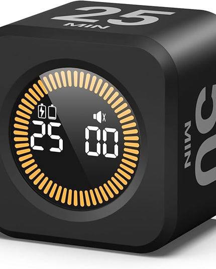 KADAMS Pomodoro Cube Timer Productivity Visual Timer - 5/10/25/50 Min Rotating Countdown, Customize Countup Silent Mode- for Work Study Cook Workout Kitchen Back to School Classroom(Black)