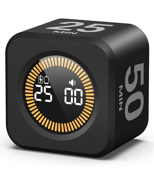 KADAMS Pomodoro Cube Timer Productivity Visual Timer - 5/10/25/50 Min Rotating Countdown, Customize Countup Silent Mode- for Work Study Cook Workout Kitchen Back to School Classroom(Black)