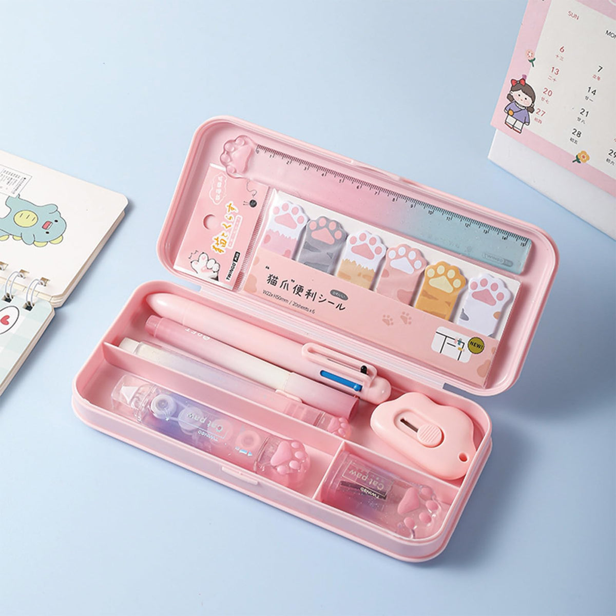 MOZXIRZ 9 Pcs Cute Pink Stationery Set Cat Paw School Supplies Kawaii Office Supplies Including Pens Pencil Sharpener Highlighter Eraser Correction Tape Ruler Utility Knife (Cat Paw-Pink)