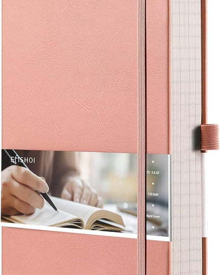 EMSHOI College Ruled Notebook-120gsm Thick Paper, 256 Numbered Pages Lined Journal for Women, 16 Perforated Pages, Faux Leather Hardcover, Inner Pocket, Pen Holder, A5 Medium 5.75" x 8.38"-Pink
