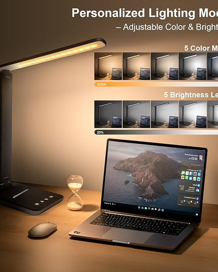 shinelife LED Desk Lamp for Office Home, Bright Desk Light with USB Charging Port, Adjustable Dimmable Desk Lamps 5 Modes 5 Brightness, Touch Study Lamp for Nail, Craft, Puzzle, Sewing, Study, Black