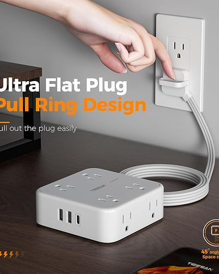 Surge Protector Power Strip, TESSAN 5 FT Flat Extension Cord with 8 AC Outlets 3 USB Ports (1 USB C), 900 Joules Protection, 3-Sided Wall Plug Extender, Desk Charging Station for Office, Dorm