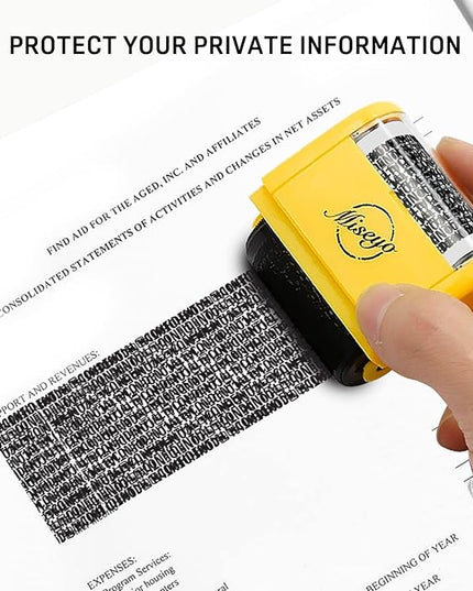 Miseyo Wide Identity Theft Protection Roller Stamp Set - Yellow (3 Refill Ink Included)