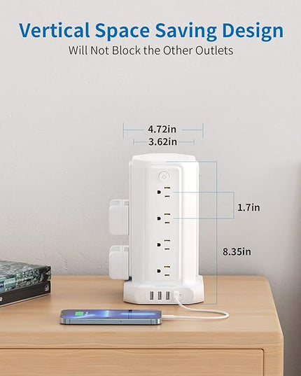 10 FT Extension Cord Power Strip Tower, 16 Widely Outlets 1875W 15A, Flat Plug Surge Protector with 4 USB Ports, Individual Switches, 1080 Joules, Overload Protection for Home Office Desktop, White