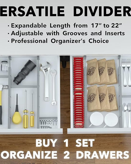 SpaceAid Bamboo Drawer Dividers with Inserts and Labels, Kitchen Adjustable Drawer Organizers, Expandable Organization for Home, Office, Dressers, 4 Dividers with 9 Inserts (17"-22" Gray)