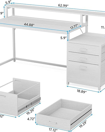 Tribesigns 63 Inch Computer Desk with File Drawer Cabinet, Ergonomic Office Desk with Monitor Stand, Computer Table with Printer Space, Wood PC Table Workstation Desk for Home Office, White