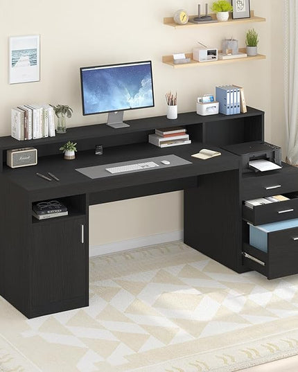 Computer Desk with 3 Drawer & Storage Shelves, Home Office Desk with File Drawer & Cabinet, Writing Study Table with Long Monitor Stand & Printer Shelf, Executive Desk, Black