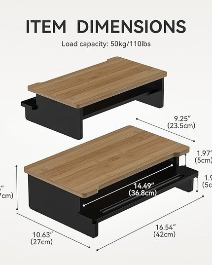 Monitor Stand Monitor Stand Riser for Desk,Wood Desk Shelf Storage Organizer with Phone Tablet Holder (16.5 Inch, Black & Dark Bamboo)