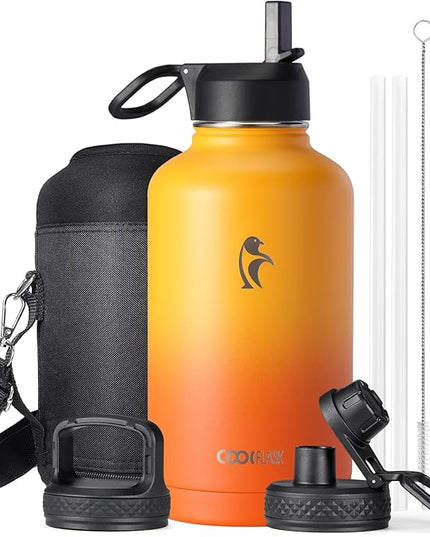 Half Gallon Water Bottle Insulated with Straw & 3 Lids, Coolflask 64 oz Water Jug Large Metal Stainless Steel Wide Mouth for Sports, Gym or Office, Non-BPA Keep Cold 48H Hot 24H, Ombre Yellow/Orange