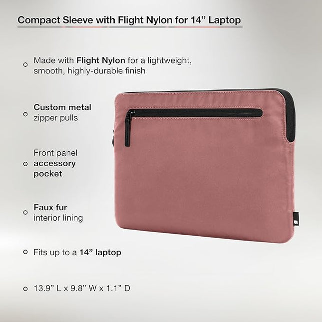 Incase Compact Laptop Sleeve with Flight Nylon - 14-inch MacBook/Laptop & iPad/Tablet Sleeve - Faux Fur Lining, Lightweight, Durable, Weather Resistant, Slip Pocket for Accessories - Aged Pink