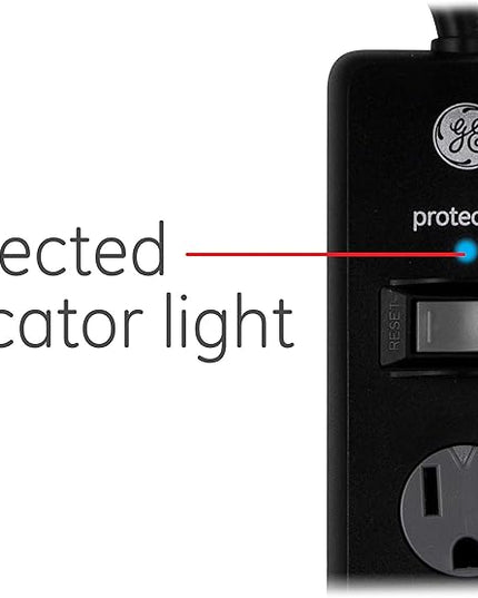 GE Surge Protector Power Strip, 8 Ft Extension Cord, 6 Outlet Extender, 1300 Joules, Flat Plug, Twist-to-Close Safety Covers, ETL Listed, Black, 33662