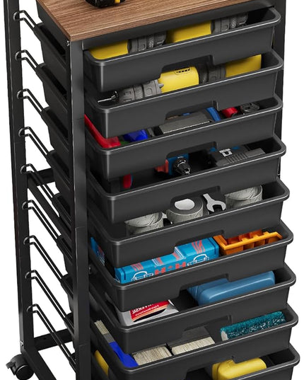 Rolling Cart with Drawers,10 Drawer Rolling Cart,Rolling storage cart with drawers,Black Rolling Drawer Cart,Teacher Rolling Cart for Classroom Storage,Craft Cart with Wooden Tabletop