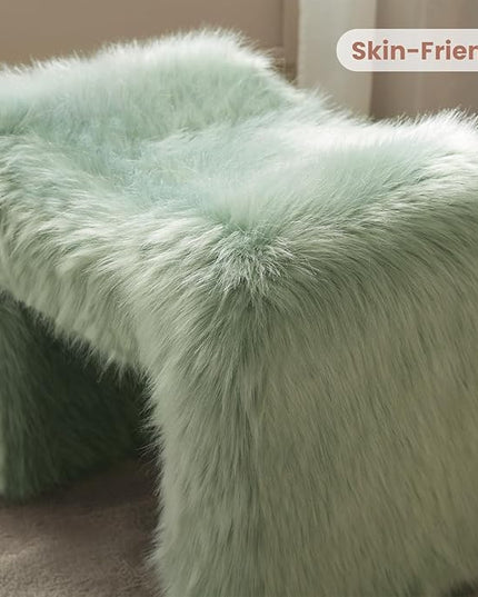 Ottoman Set of 2 Small Footstool Ottoman Vanity Stool Chair Faux Fur Seating Backless Modern Foot Rest Furry for Makeup Room Living Room Bedroom Entryway,Green(2-in-1)