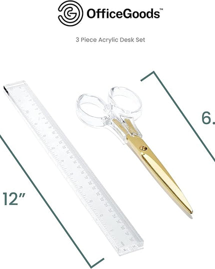 OfficeGoods 3 Piece Acrylic Desk Set - Includes Ruler, Staple Remover, Scissors - Functional & Elegant Desk Accessories - Stationary Tools for Home, Office, and School - Gold
